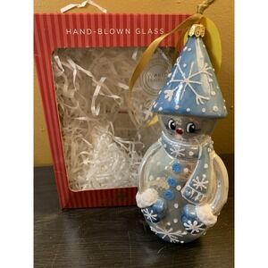Koronex Blue &‎ White Snowman Blown Glass Ornament NEW  POLAND